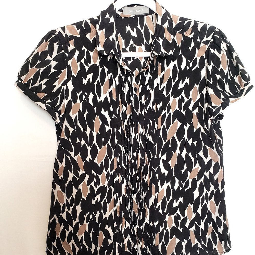 Liz Claiborne Brown and Black Print Cap Sleeve Blouse Shirt Womens Size M